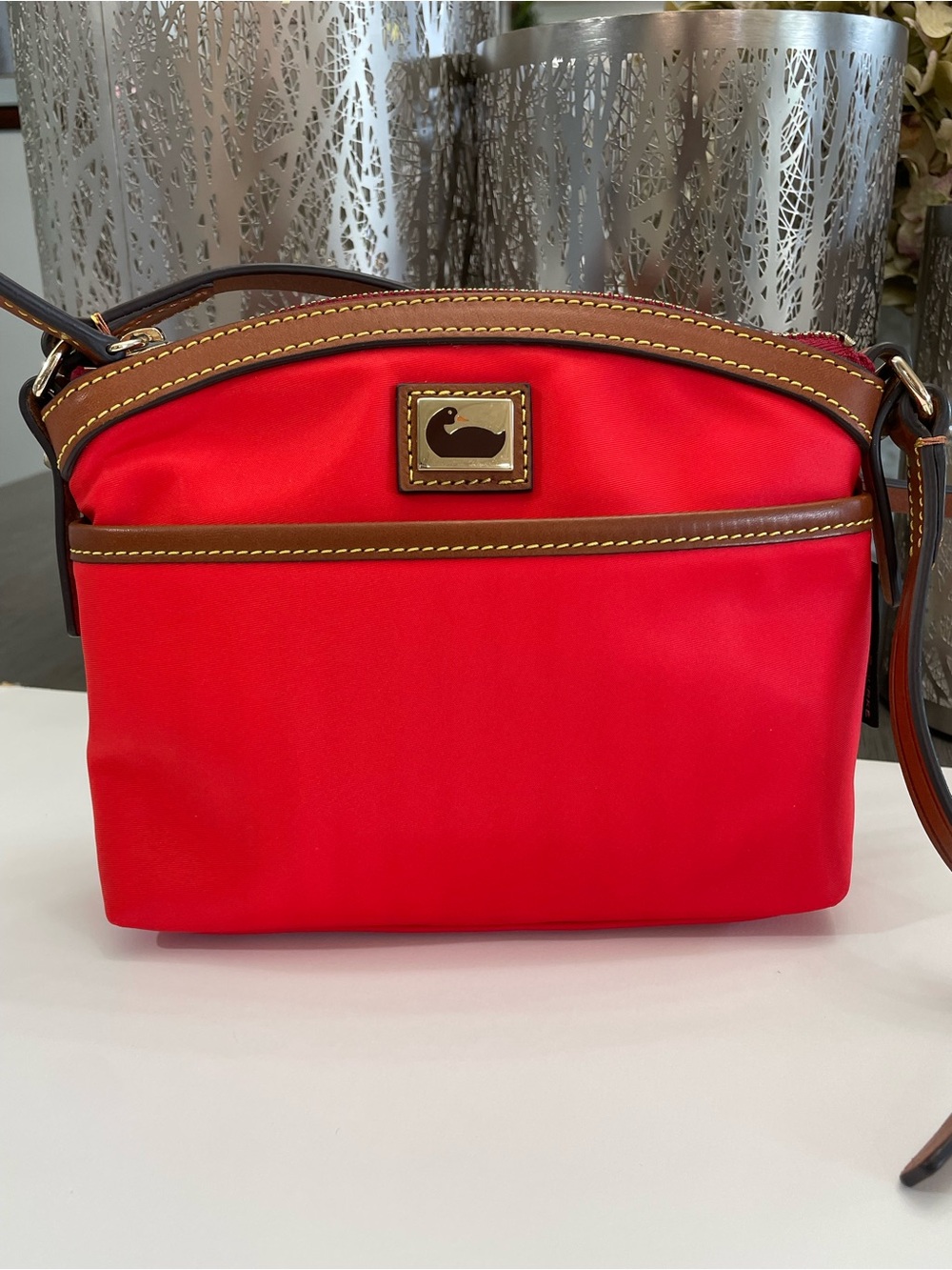 Dooney & Bourke Red Crossbody with Brown Leather Trim